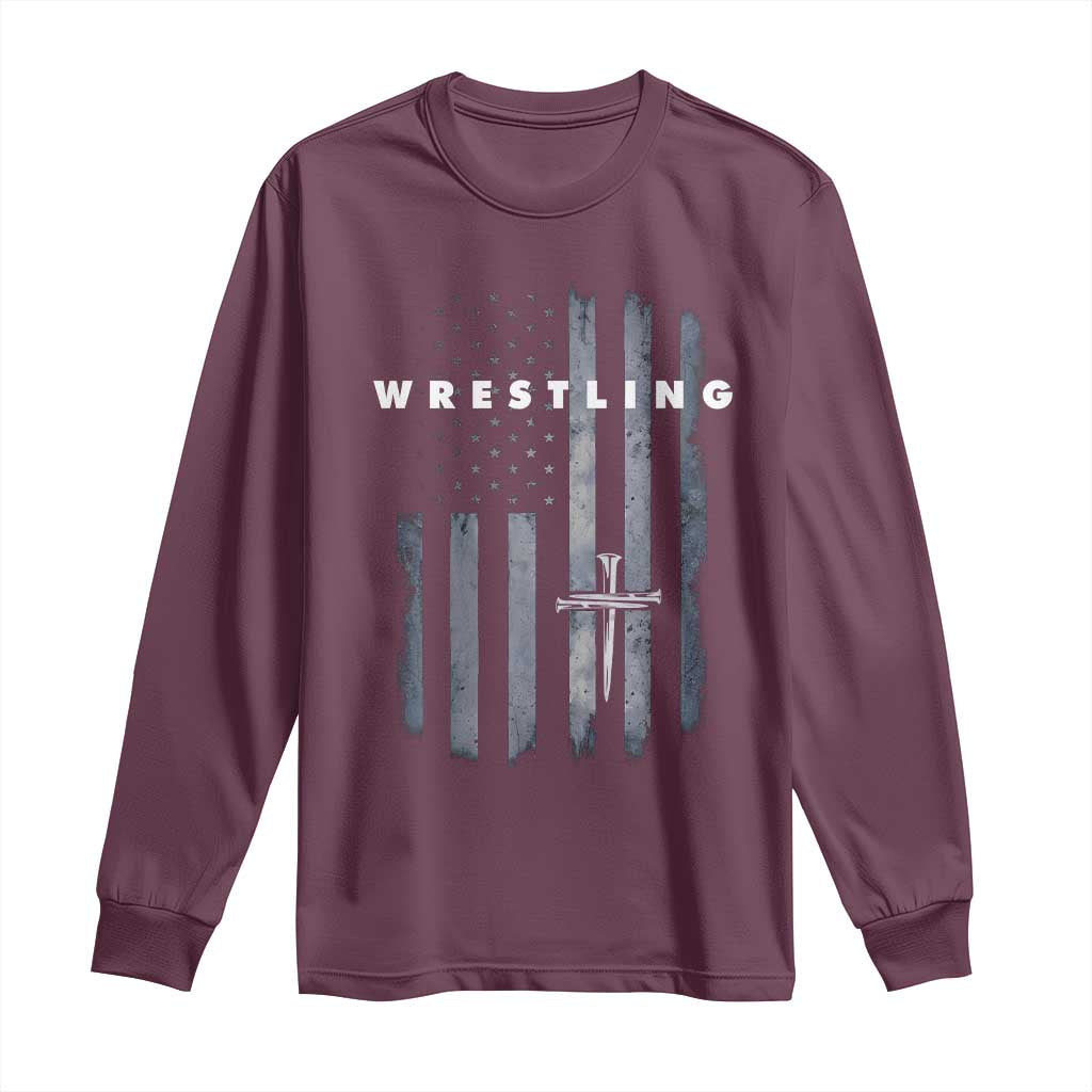 Christian Wrestling Long Sleeve Shirt Wrestler Faith Strength US USA Flag Christ Cross