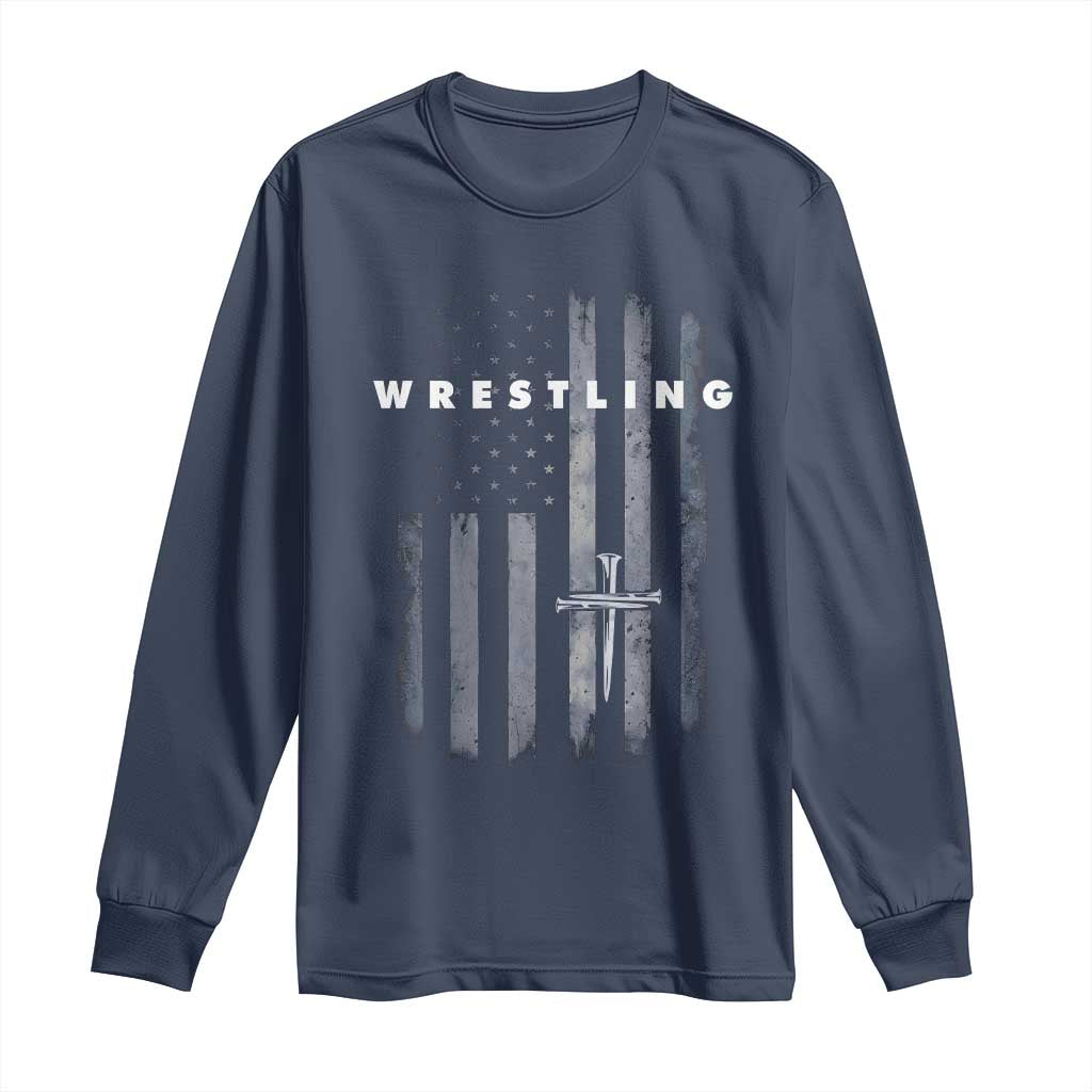 Christian Wrestling Long Sleeve Shirt Wrestler Faith Strength US USA Flag Christ Cross
