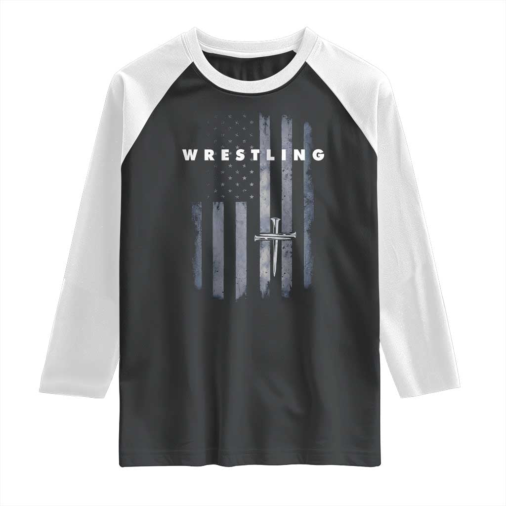 Christian Wrestling Raglan Shirt Wrestler Faith Strength US USA Flag Christ Cross