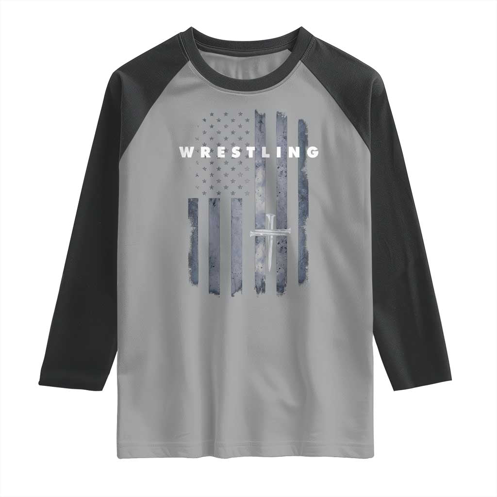 Christian Wrestling Raglan Shirt Wrestler Faith Strength US USA Flag Christ Cross