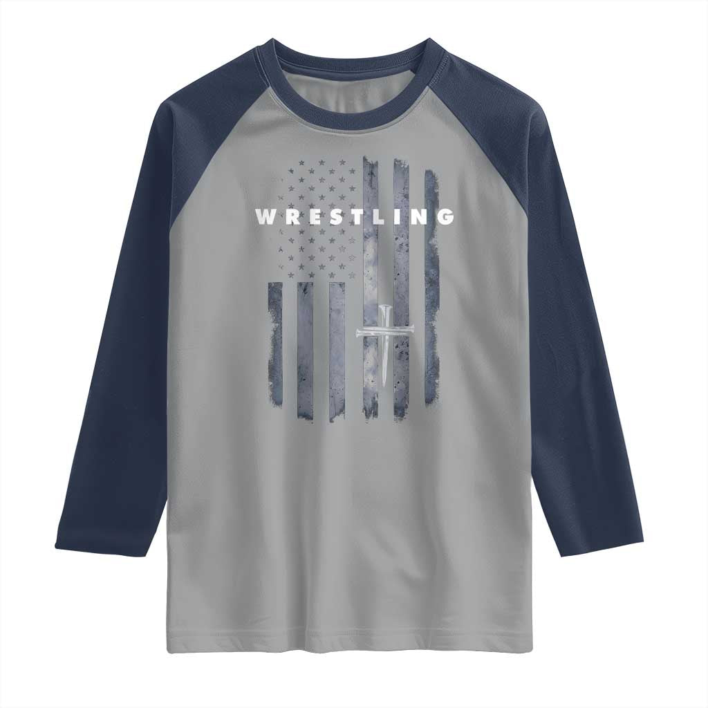 Christian Wrestling Raglan Shirt Wrestler Faith Strength US USA Flag Christ Cross