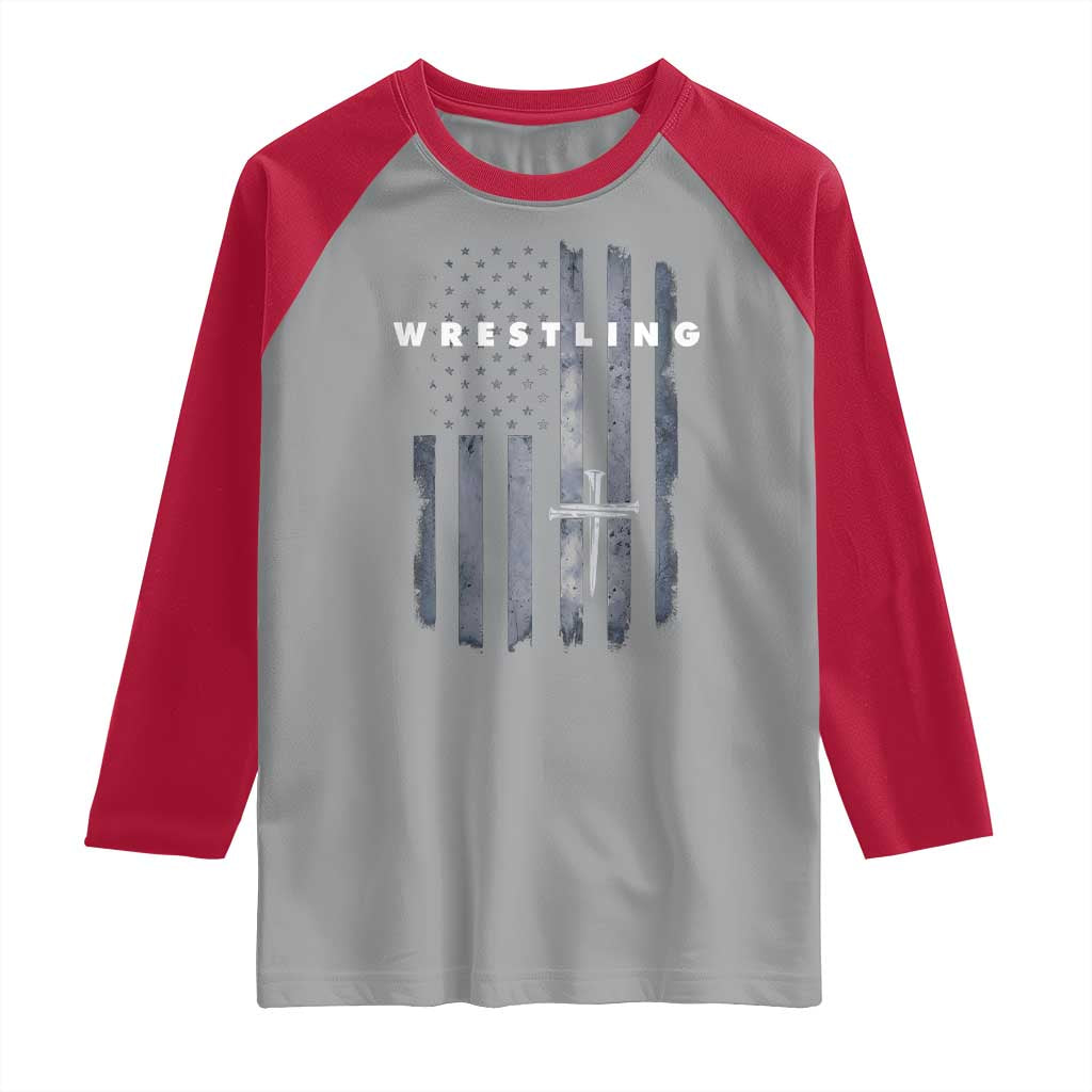 Christian Wrestling Raglan Shirt Wrestler Faith Strength US USA Flag Christ Cross