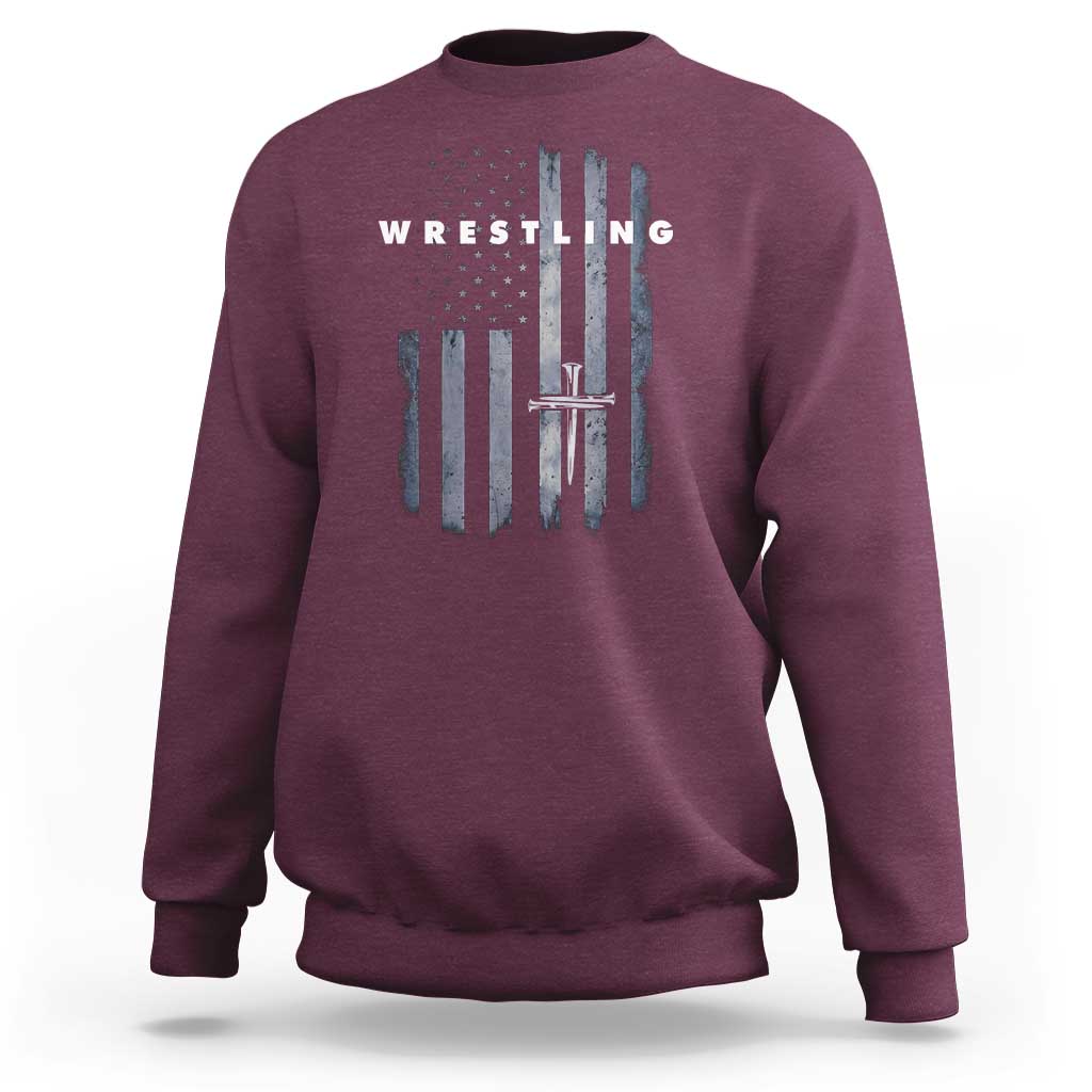 Christian Wrestling Sweatshirt Wrestler Faith Strength US USA Flag Christ Cross