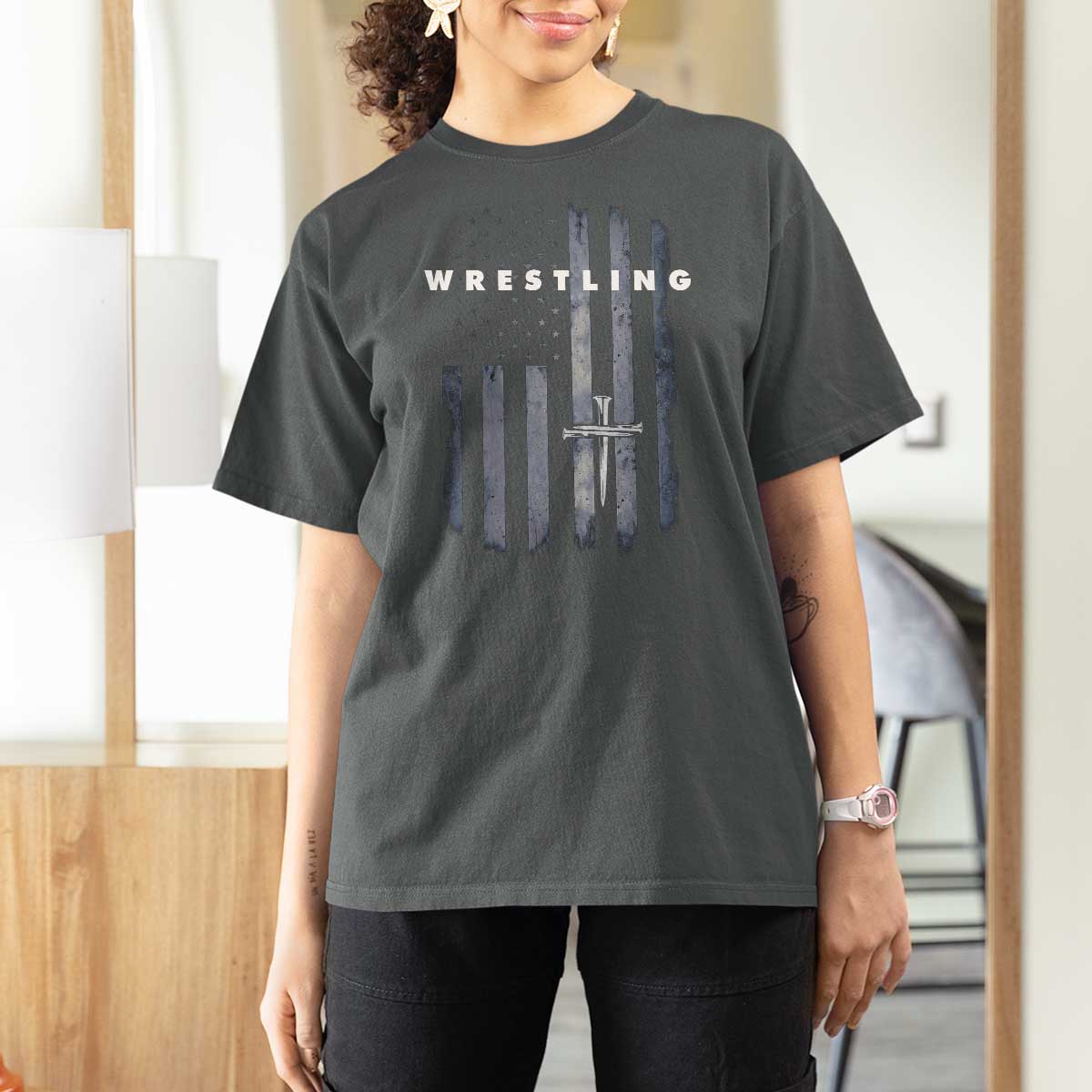Christian Wrestling T Shirt For Women Wrestler Faith Strength US USA Flag Christ Cross