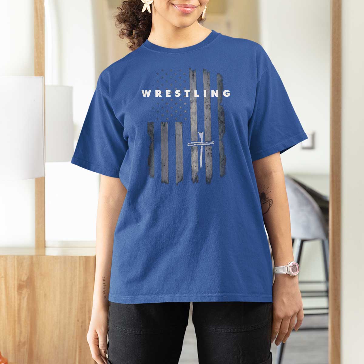 Christian Wrestling T Shirt For Women Wrestler Faith Strength US USA Flag Christ Cross