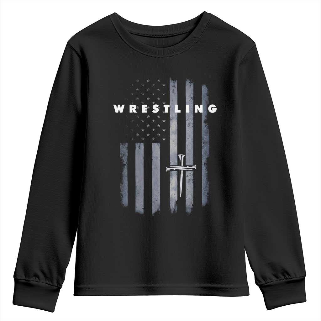 Christian Wrestling Youth Sweatshirt Wrestler Faith Strength US USA Flag Christ Cross
