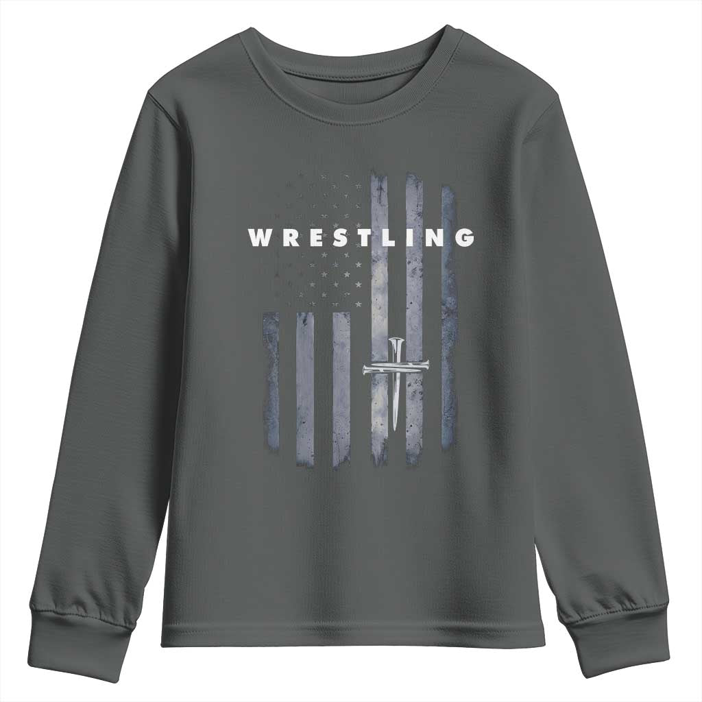 Christian Wrestling Youth Sweatshirt Wrestler Faith Strength US USA Flag Christ Cross