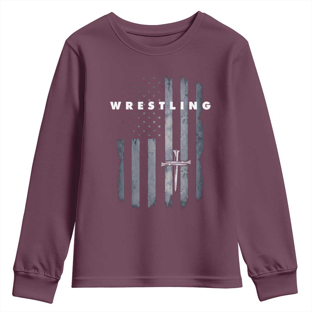 Christian Wrestling Youth Sweatshirt Wrestler Faith Strength US USA Flag Christ Cross