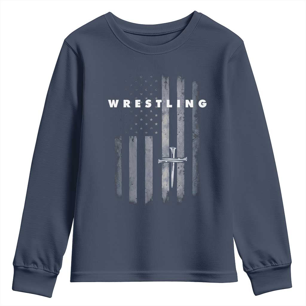 Christian Wrestling Youth Sweatshirt Wrestler Faith Strength US USA Flag Christ Cross