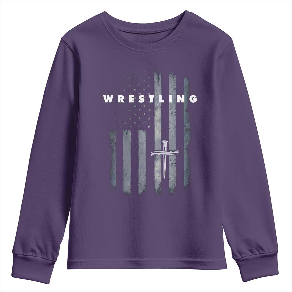 Christian Wrestling Youth Sweatshirt Wrestler Faith Strength US USA Flag Christ Cross