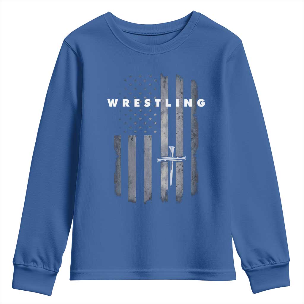 Christian Wrestling Youth Sweatshirt Wrestler Faith Strength US USA Flag Christ Cross