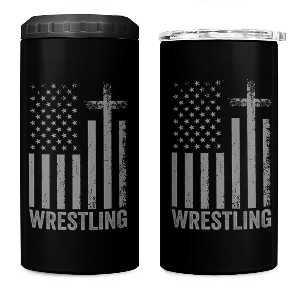 Faith Wrestling 4 in 1 Can Cooler Tumbler Christian Wrestler American Flag Cross