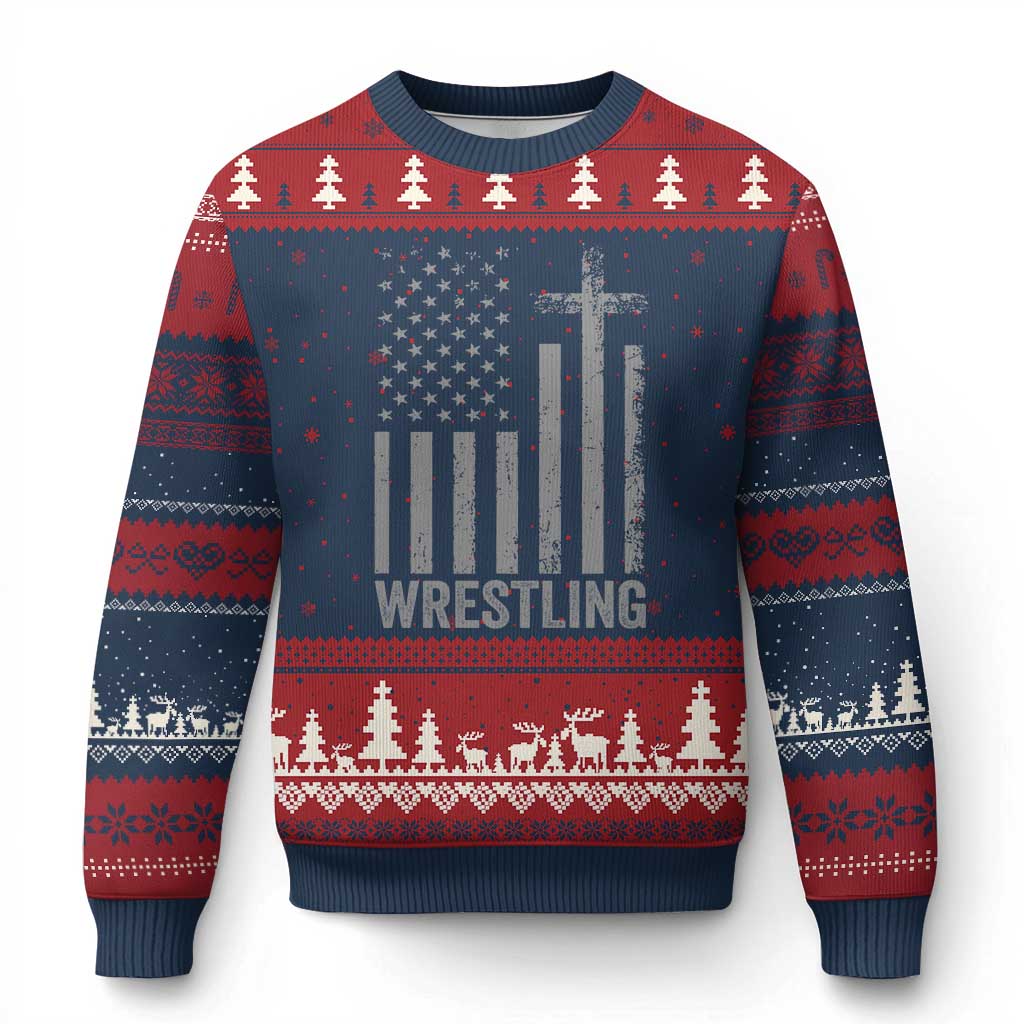 Faith Wrestling Ugly Christmas Sweater Christian Wrestler American Flag Cross
