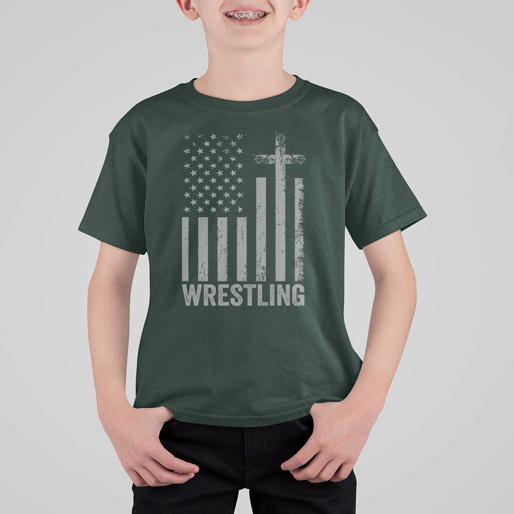 Faith Wrestling T Shirt For Kid Christian Wrestler American Flag Cross