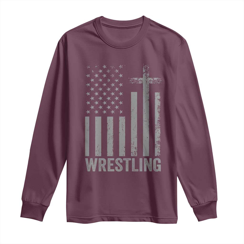 Faith Wrestling Long Sleeve Shirt Christian Wrestler American Flag Cross
