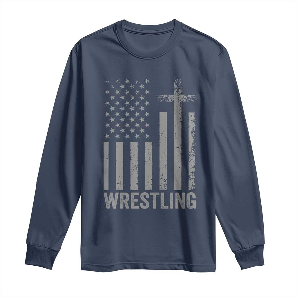 Faith Wrestling Long Sleeve Shirt Christian Wrestler American Flag Cross