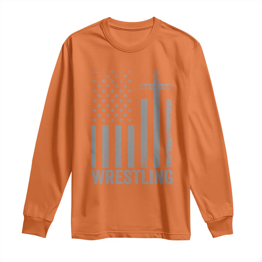 Faith Wrestling Long Sleeve Shirt Christian Wrestler American Flag Cross