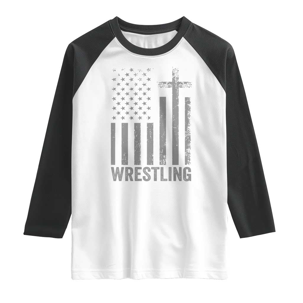 Faith Wrestling Raglan Shirt Christian Wrestler American Flag Cross
