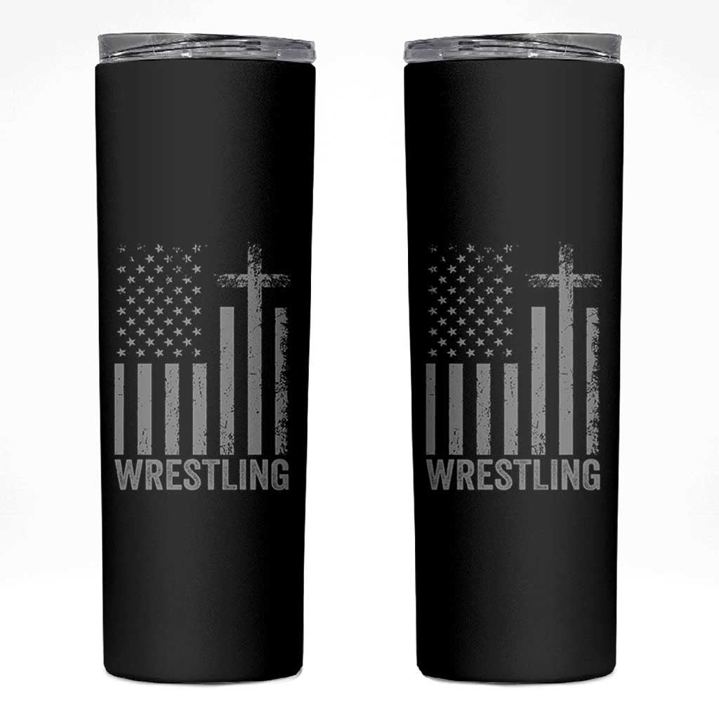Faith Wrestling Skinny Tumbler Christian Wrestler American Flag Cross