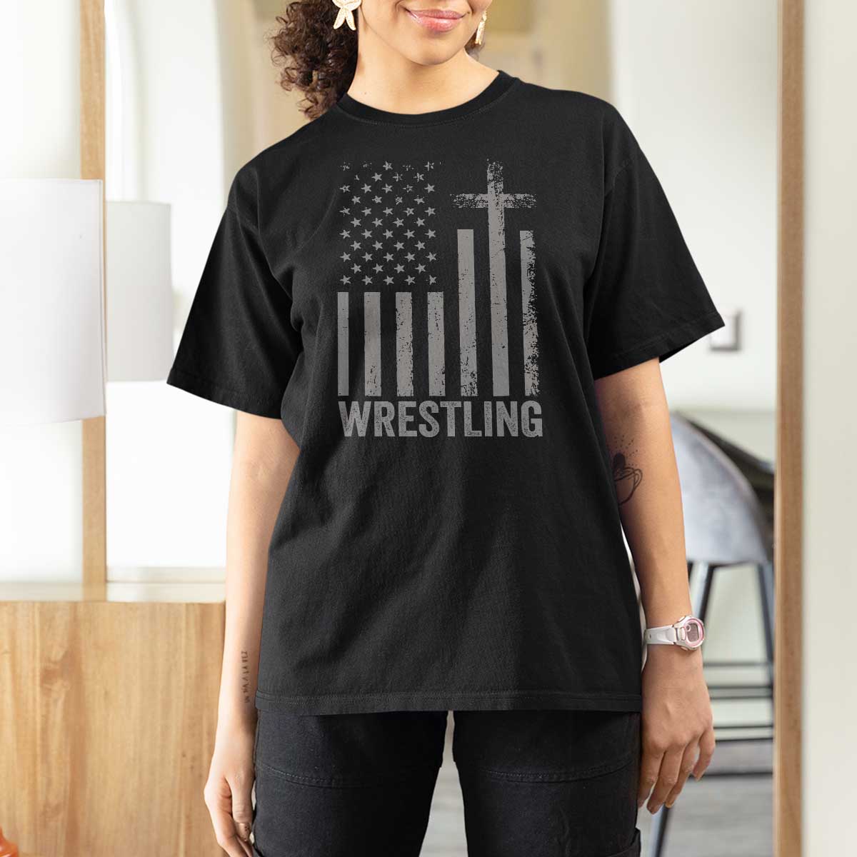 Faith Wrestling T Shirt For Women Christian Wrestler American Flag Cross