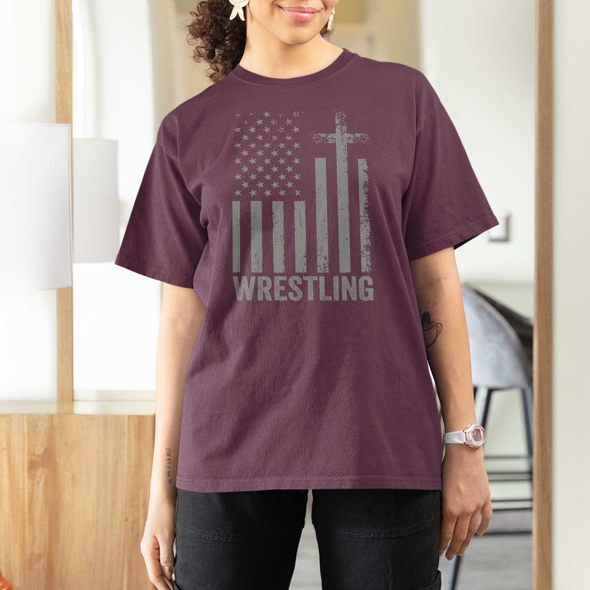 Faith Wrestling T Shirt For Women Christian Wrestler American Flag Cross