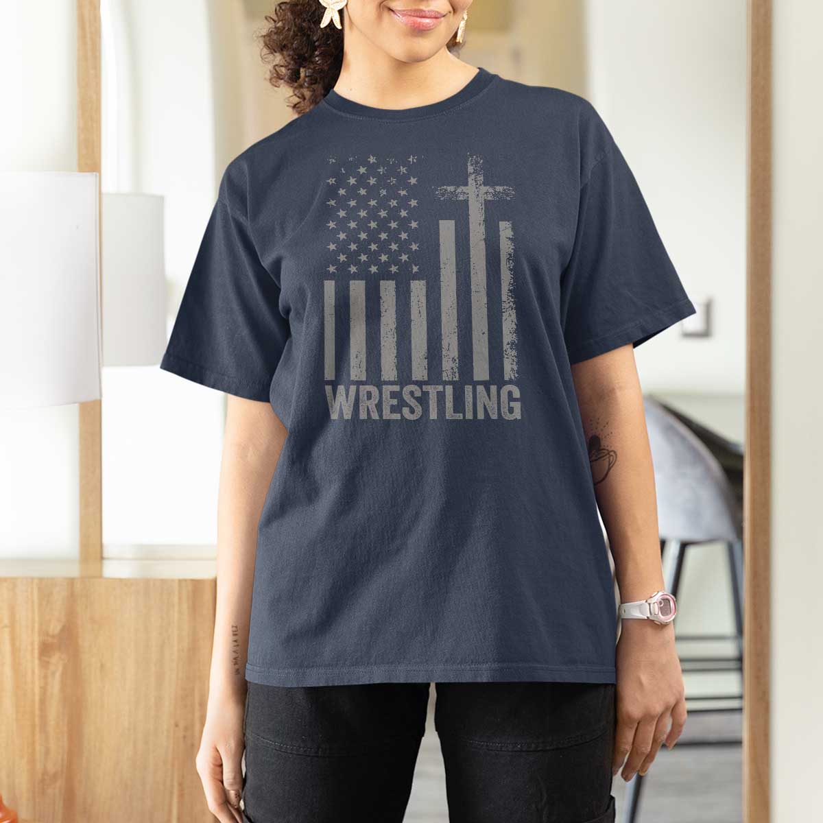 Faith Wrestling T Shirt For Women Christian Wrestler American Flag Cross