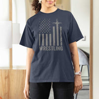 Faith Wrestling T Shirt For Women Christian Wrestler American Flag Cross