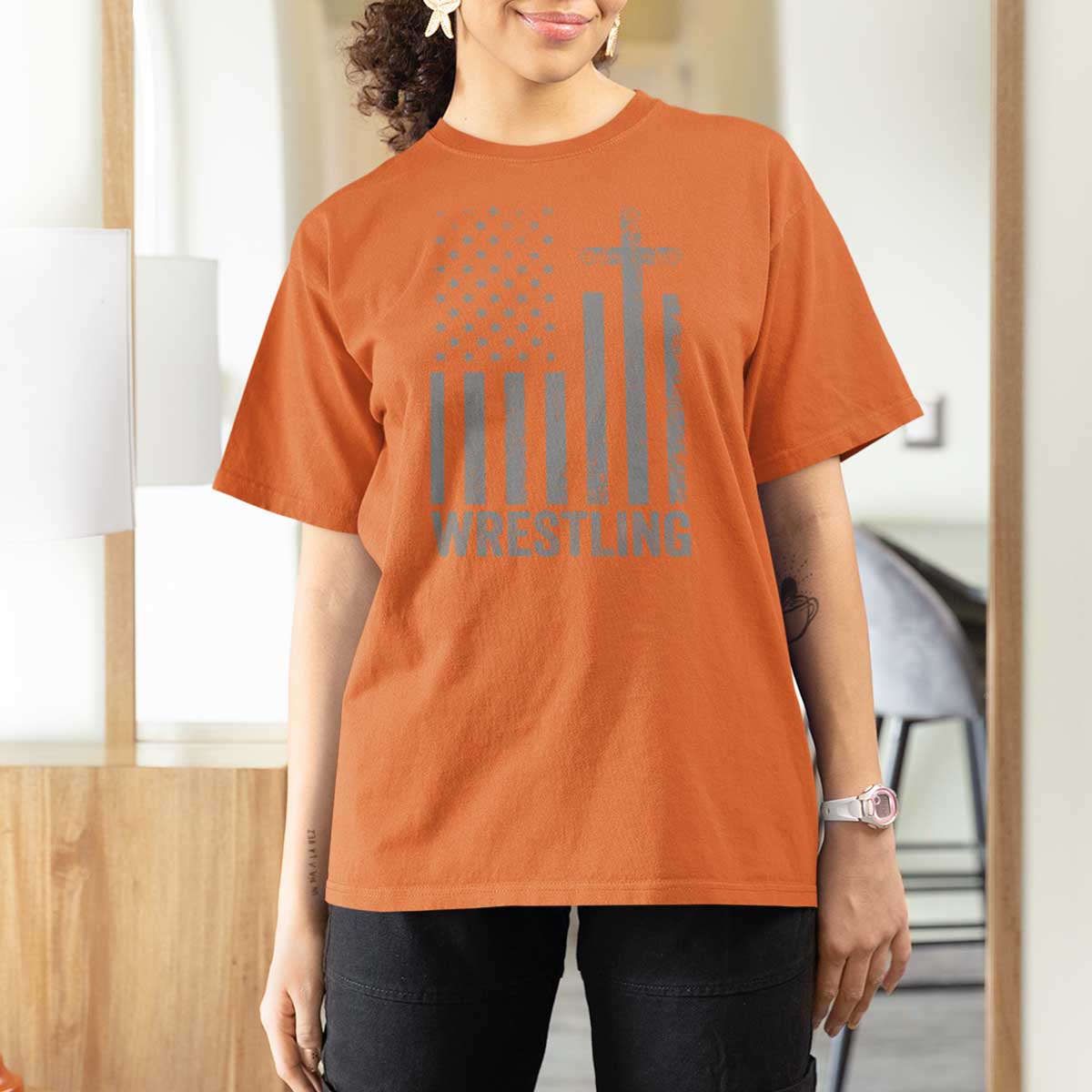 Faith Wrestling T Shirt For Women Christian Wrestler American Flag Cross