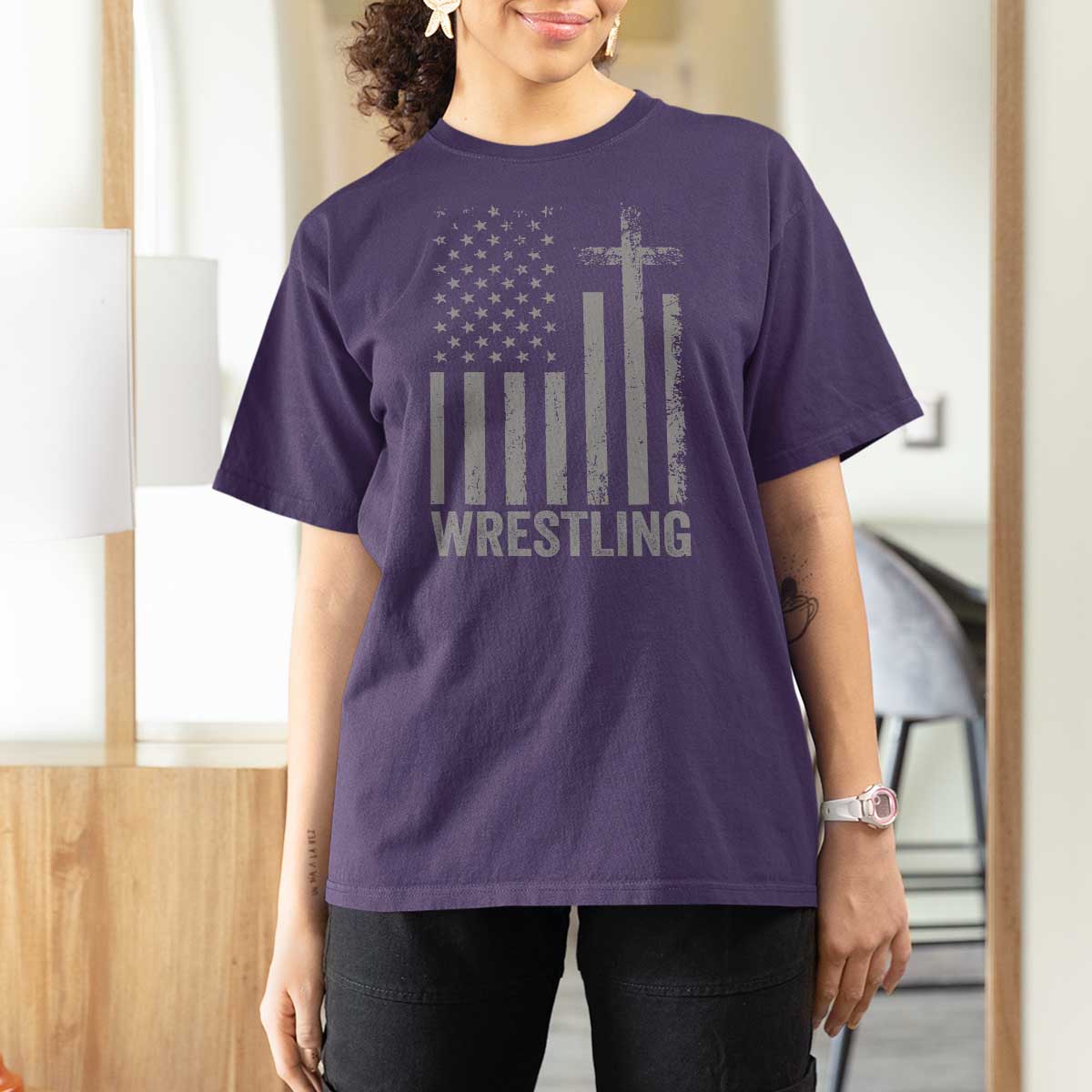Faith Wrestling T Shirt For Women Christian Wrestler American Flag Cross
