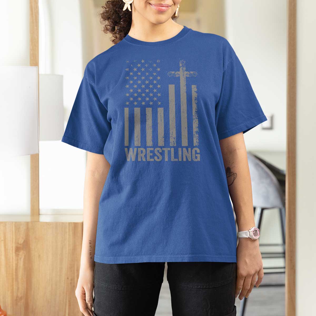 Faith Wrestling T Shirt For Women Christian Wrestler American Flag Cross
