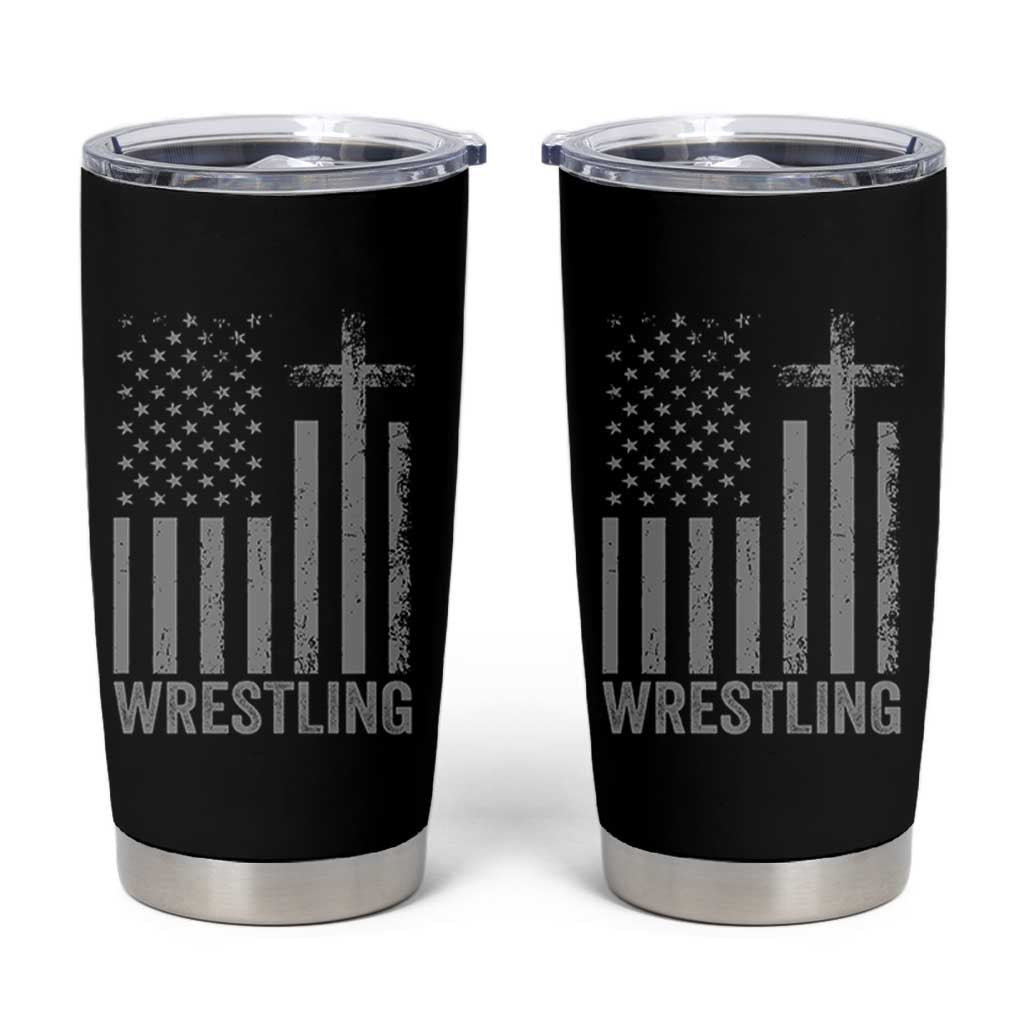 Faith Wrestling Tumbler Cup Christian Wrestler American Flag Cross
