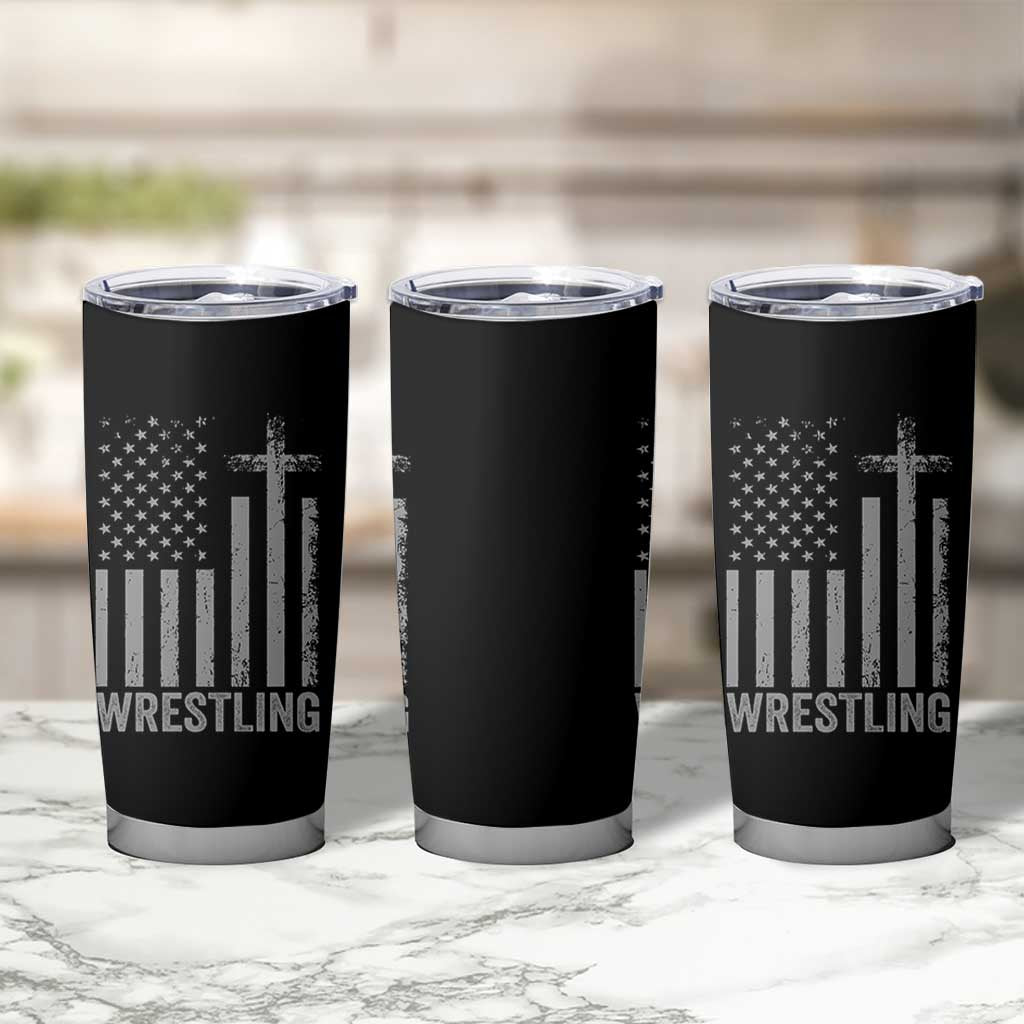 Faith Wrestling Tumbler Cup Christian Wrestler American Flag Cross