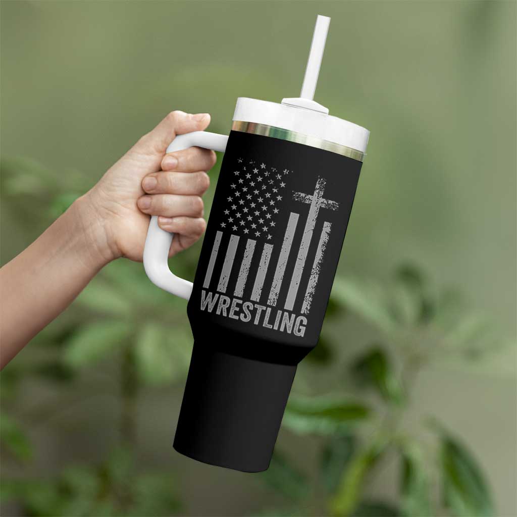 Faith Wrestling Tumbler With Handle Christian Wrestler American Flag Cross