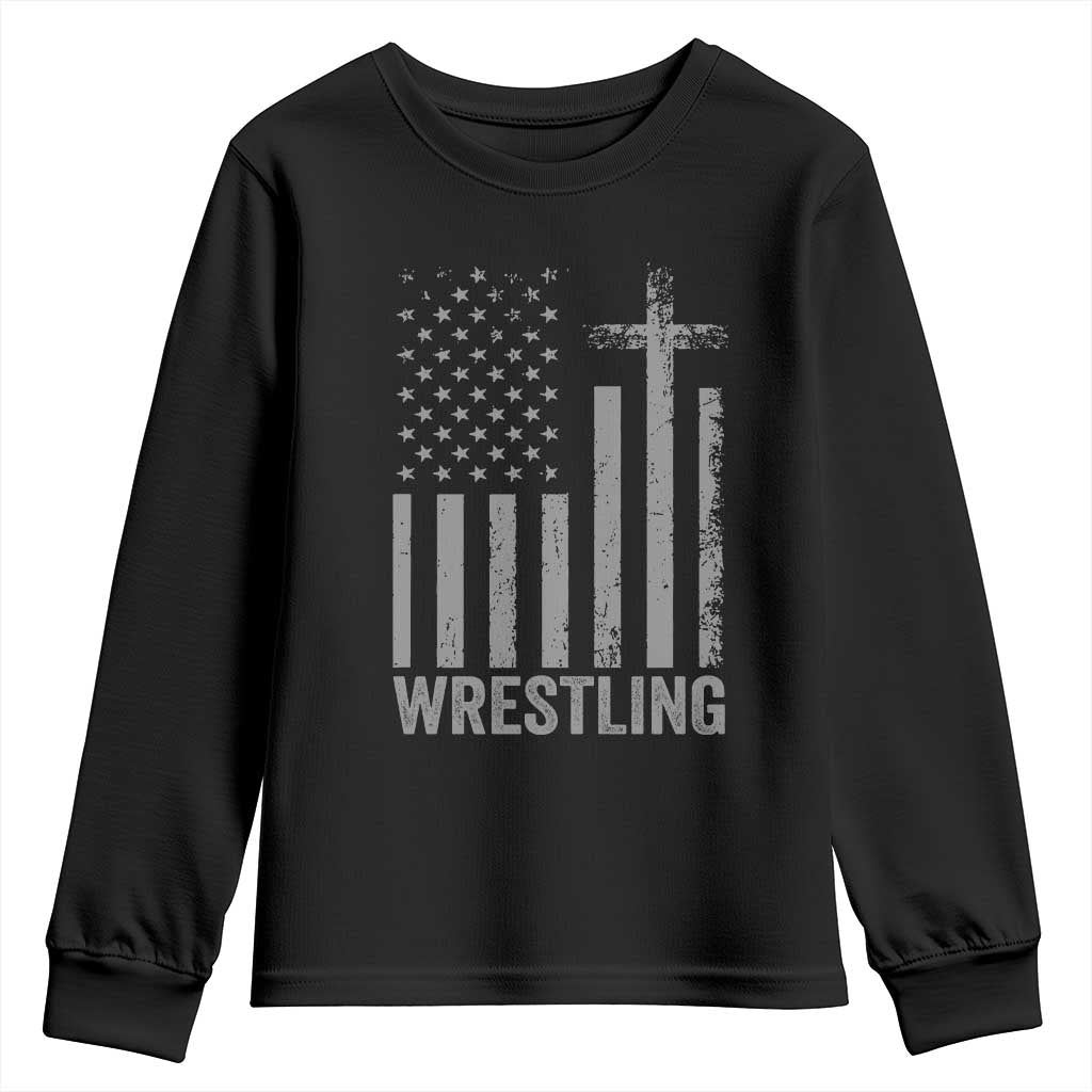Faith Wrestling Youth Sweatshirt Christian Wrestler American Flag Cross