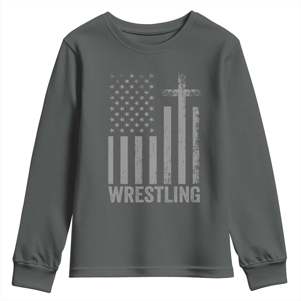 Faith Wrestling Youth Sweatshirt Christian Wrestler American Flag Cross
