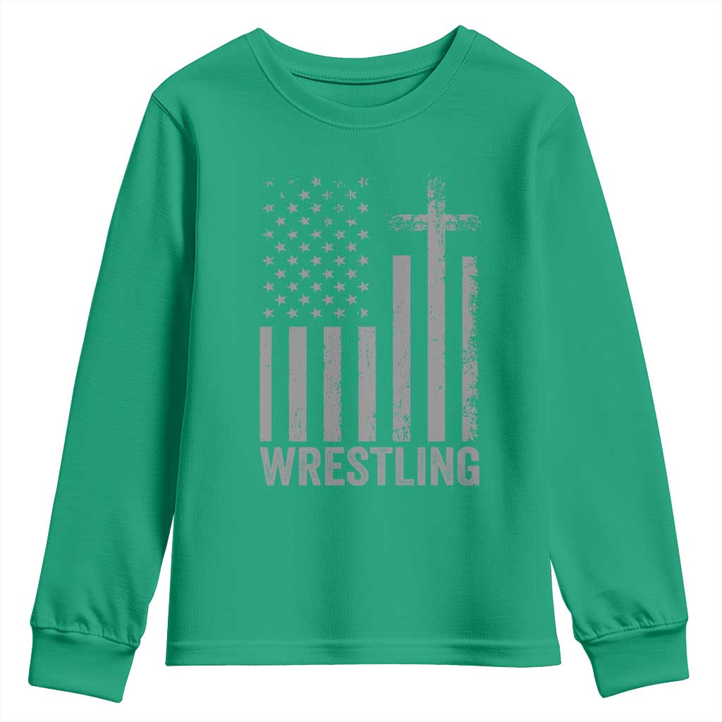 Faith Wrestling Youth Sweatshirt Christian Wrestler American Flag Cross