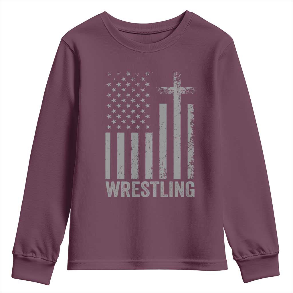 Faith Wrestling Youth Sweatshirt Christian Wrestler American Flag Cross