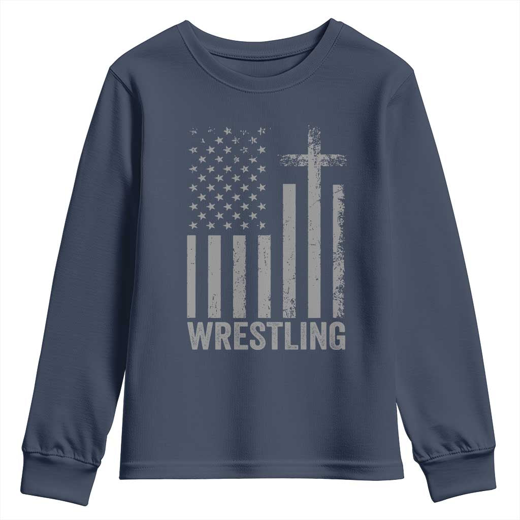 Faith Wrestling Youth Sweatshirt Christian Wrestler American Flag Cross