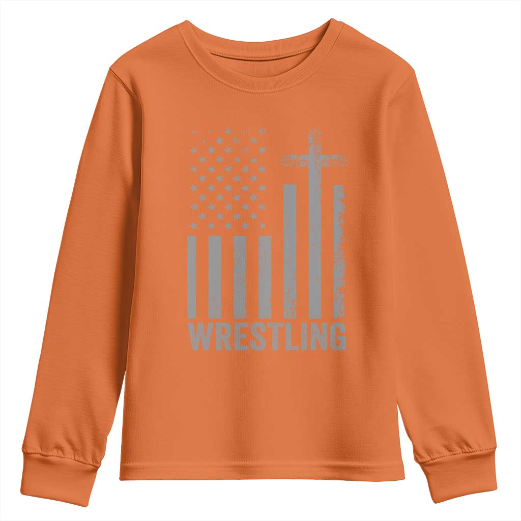 Faith Wrestling Youth Sweatshirt Christian Wrestler American Flag Cross