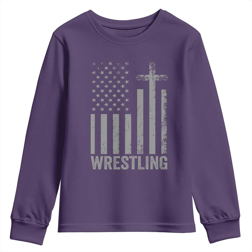 Faith Wrestling Youth Sweatshirt Christian Wrestler American Flag Cross