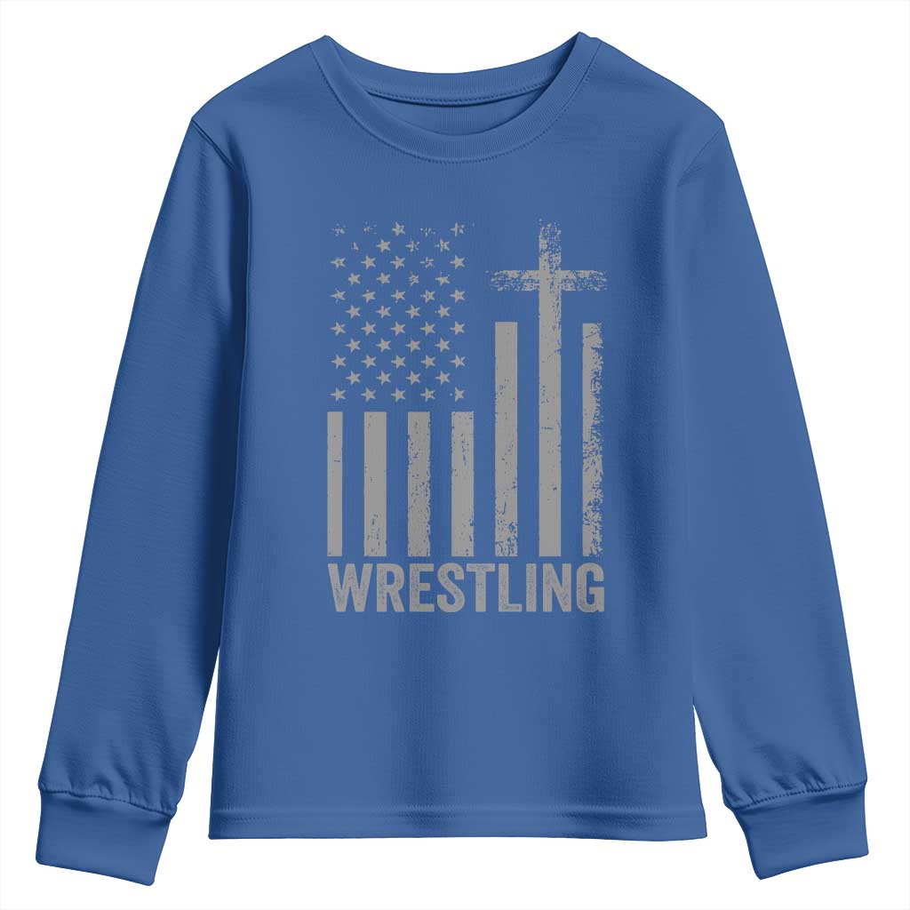 Faith Wrestling Youth Sweatshirt Christian Wrestler American Flag Cross