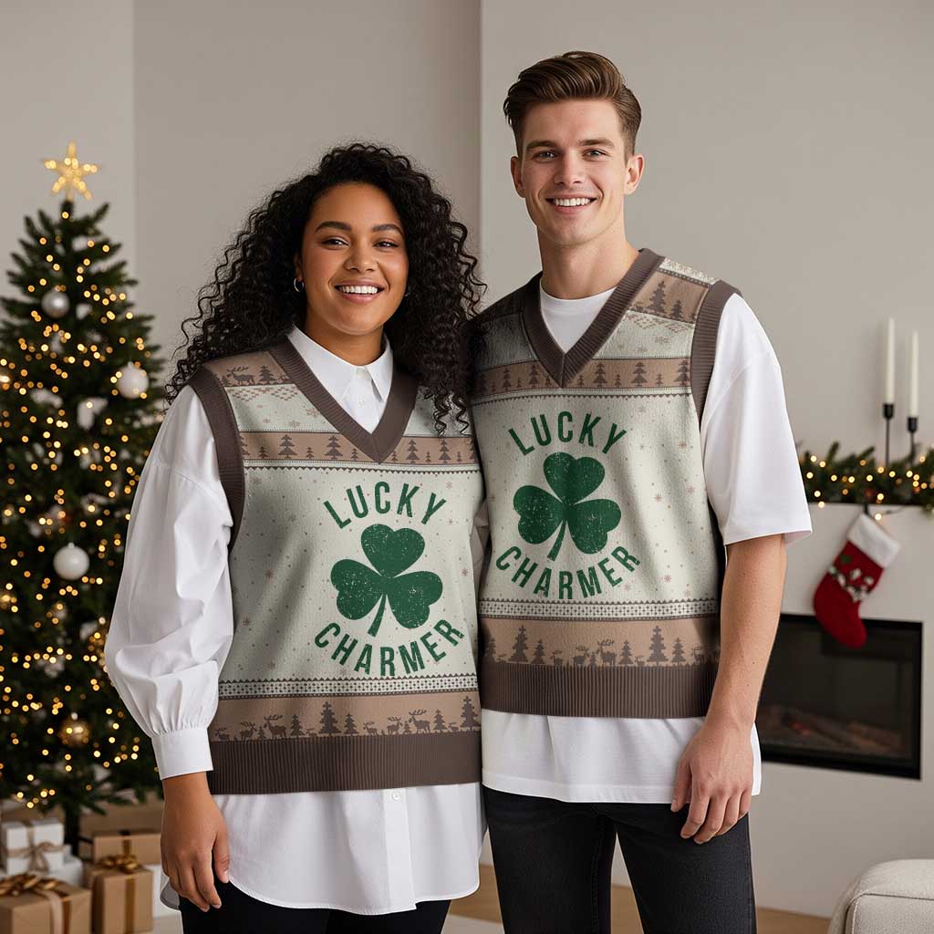 Funny Irish St Patricks Day Shamrock V-Neck Knit Sweater Vest Lucky Charmer
