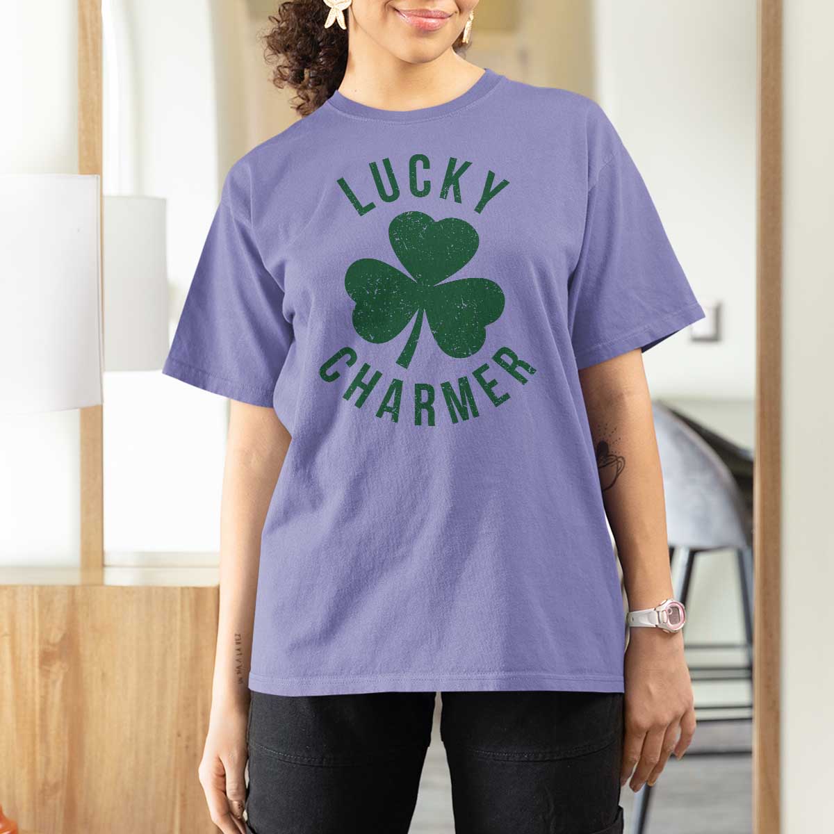 Funny Irish St Patricks Day Shamrock T Shirt For Women Lucky Charmer