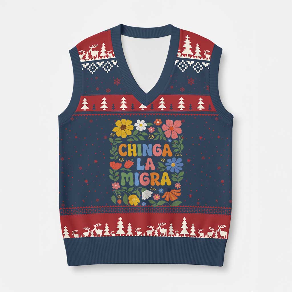 Chinga La Migra V-Neck Knit Sweater Vest Funny Boho Floral Resist Retro Pro Immigration