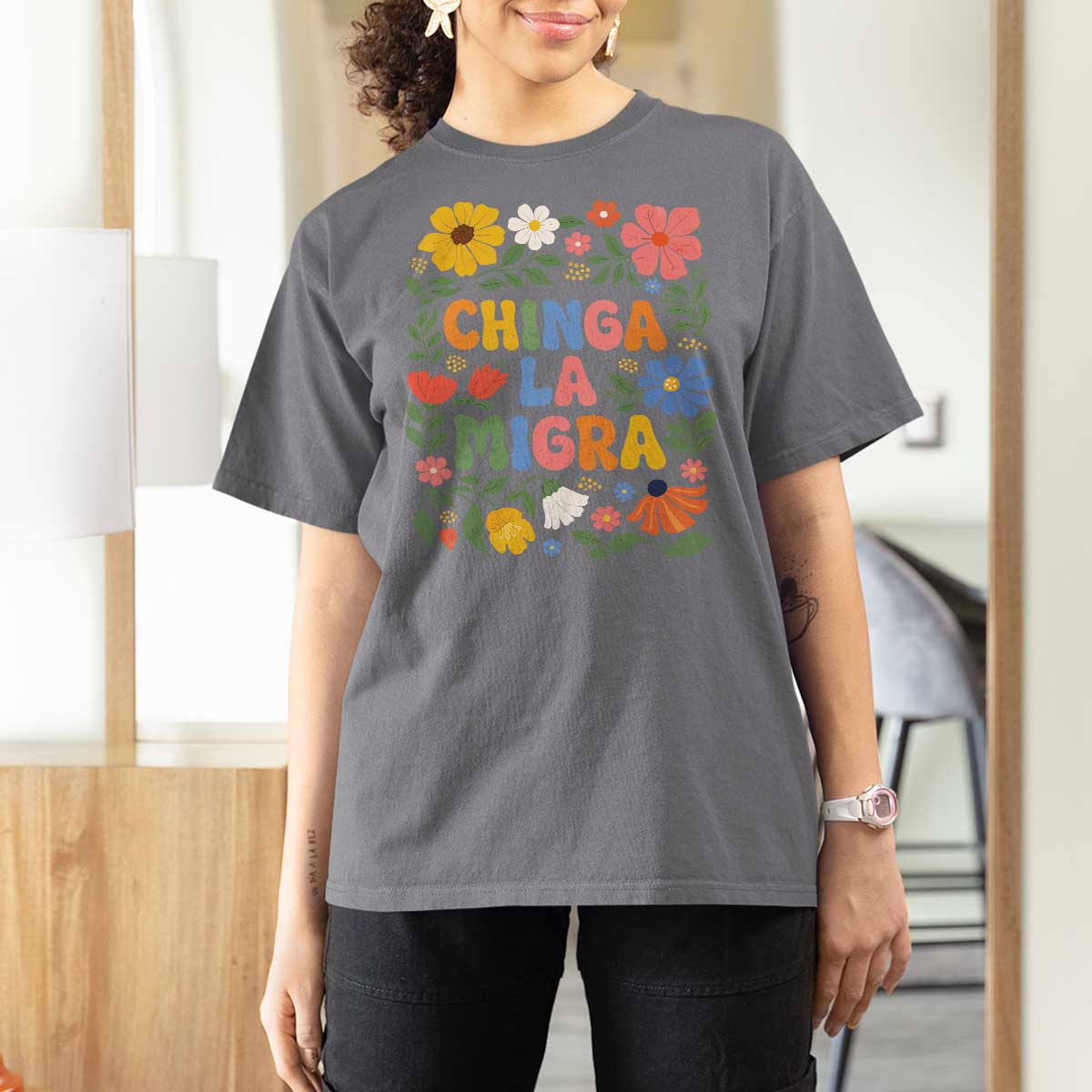 Chinga La Migra T Shirt For Women Funny Boho Floral Resist Retro Pro Immigration