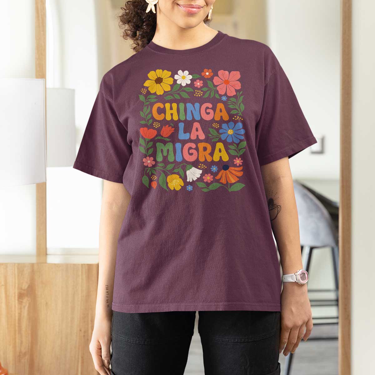 Chinga La Migra T Shirt For Women Funny Boho Floral Resist Retro Pro Immigration