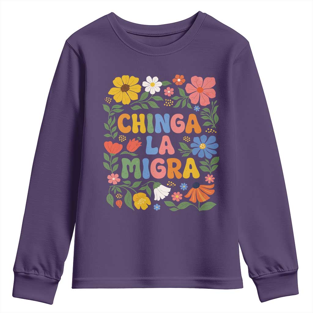 Chinga La Migra Youth Sweatshirt Funny Boho Floral Resist Retro Pro Immigration