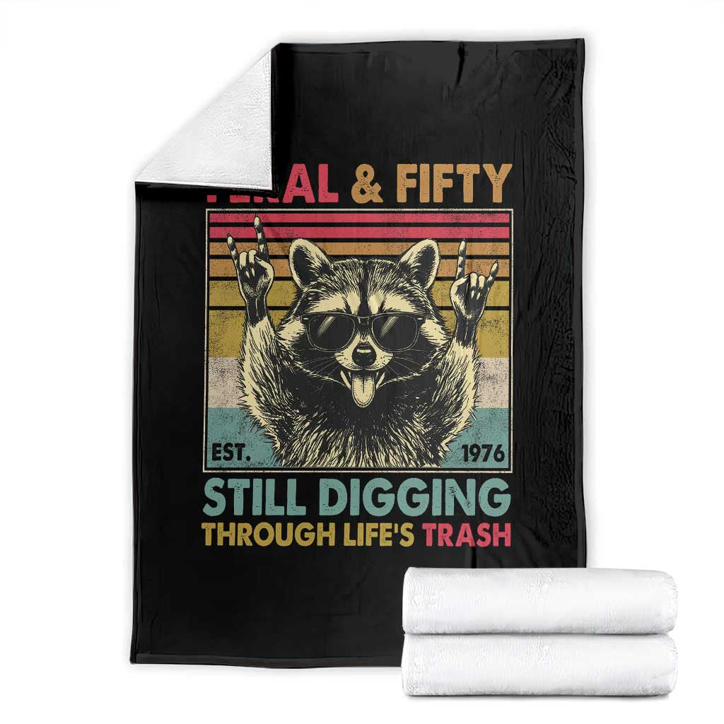 Funny 50th Birthday Throw Blanket Retro Racoon Feral And Fifty