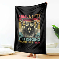 Funny 50th Birthday Throw Blanket Retro Racoon Feral And Fifty