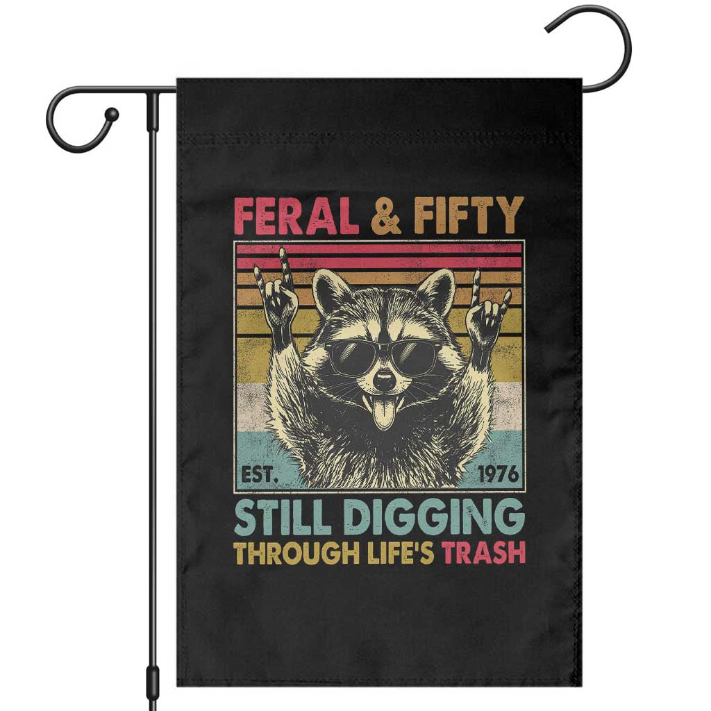 Funny 50th Birthday Garden Flag Retro Racoon Feral And Fifty